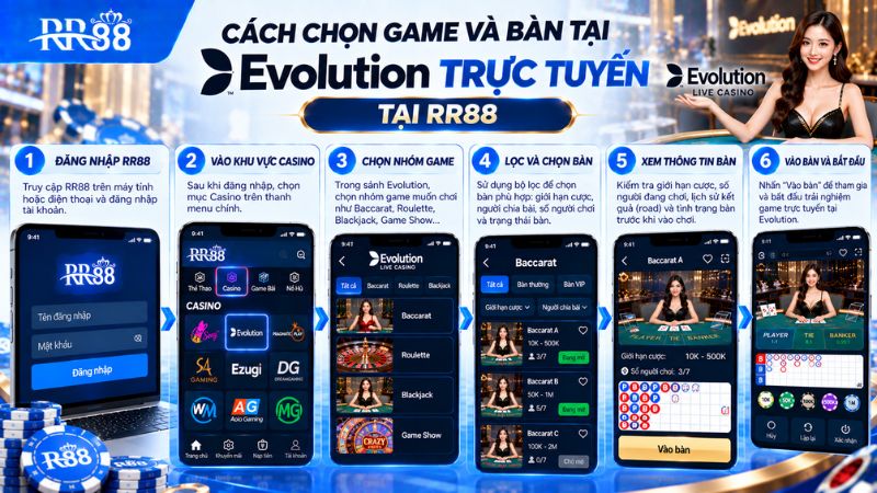 Cách chọn game và bàn tại Evolution TRỰC TUYẾN